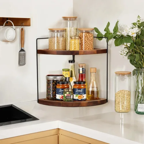 Miniatura 8 de Demigo Organizador de esquina de baño de 13.2 x 9.9 pulgadas, organizador de madera de acacia de 2 niveles, estante de almacenamiento esquinero