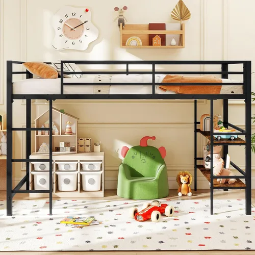 Miniatura 8 de Giantex Cama baja tipo loft tamaño individual, marco de metal resistente con estantes de almacenamiento, escalera y barandillas de longitud