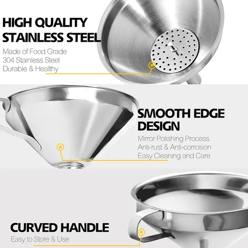 Miniatura 3 de Anaeat Embudo de cocina de acero inoxidable, embudos de cocina multiusos de metal de grado alimenticio con 2 filtros de filtro extraíbles