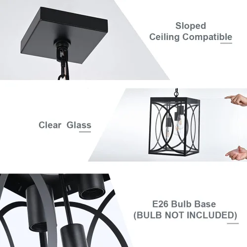 Miniatura 7 de Lámpara colgante para exteriores, 3 luces negras grandes con vidrio transparente, lámpara de metal para exteriores, iluminación de porche para Negro