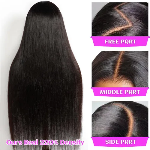 Miniatura 2 de Pelucas de encaje frontal de 13 x 6 pulgadas, pelucas de cabello humano lacio HD de densidad 220, pelucas de cabello humano prearrancado