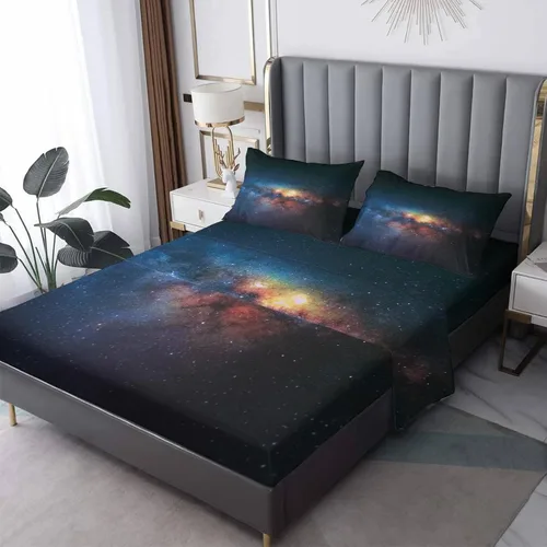 Miniatura 9 de Sábanas de estrellas tamaño individual, sábanas de puesta de sol, sábanas y fundas de almohada estampadas de 3 piezas, sábana bajera ajustable
