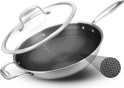NutriChef Wok de acero inoxidable de 12" - Listo para inducción, tecnología antiadherente de triple capa, patrón texturizado de panal de fuego