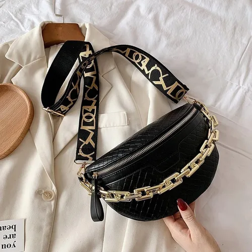 Miniatura 3 de Riñonera de cadena gruesa para mujer, bolso de cintura de cuero a cuadros, bolso cruzado de hombro, bolsos de pecho de lujo, bolsos de diseñador