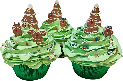 Magdalenas falsas para tartas – Christmas Pals Gingerbread Man Green Cupcakes – Set de 3 – Hecho a mano por Dezicakes – Pastel falso – Cupcakes