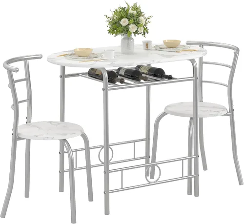 VECELO Juego de mesa de comedor de 3 piezas para rincón de desayuno, mesa ovalada de mármol sintético y marco de metal con estante de vino Blanco y