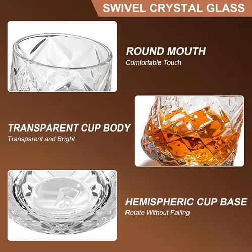 Miniatura 5 de Vaso de vidrio antiguo giratorio, 275ml/10oz de vidrio de whisky de cristal, posavasos de madera, engrosamiento, utilizado como vaso de ron, vaso