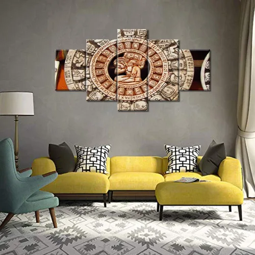 Miniatura 65 de Arte de pared con varios paneles, calendario maya, imágenes de piedra del sol, pinturas de civilización azteca sobre lienzo, sala de estar