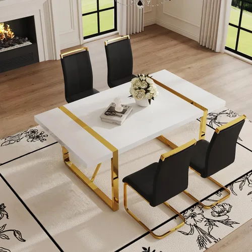 Miniatura 19 de Moderno juego de mesa de comedor para 4, juego de mesa de comedor dorado de 55 pulgadas con 4 sillas de piel sintética negra, mesa de madera negra