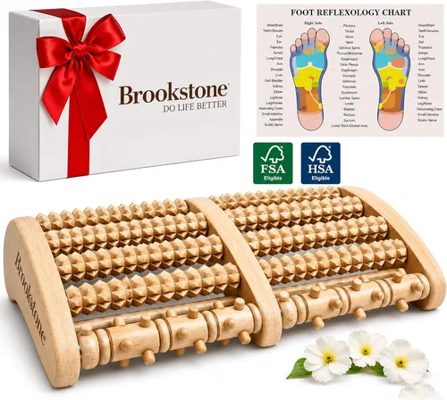 Brookstone Masajeador de pies para neuropatía y alivio de la fascitis plantar, masajeador de rodillo de madera para pies, alivio del dolor de