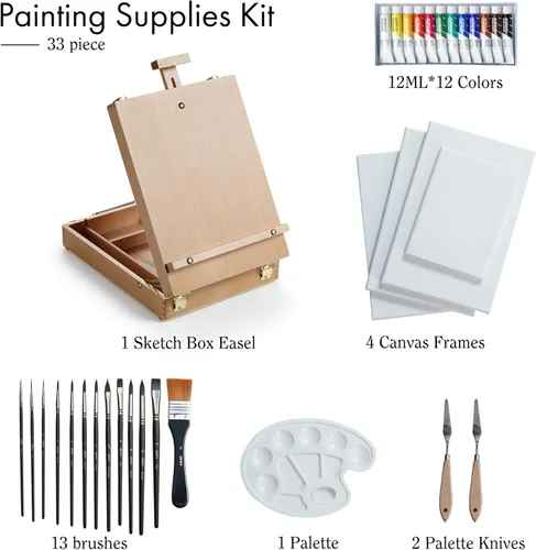 Miniatura 4 de ARTIFY Art Supplies Kit de caballete de mesa con 12 pinturas acrílicas, 13 pinceles, 4 tablas de lona, 2 cuchillos de paleta y paleta de plástico