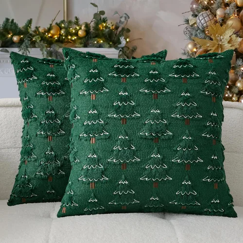 Miniatura 25 de Kevin Textile - Fundas de almohada con diseño de árbol de Navidad de 16 x 16 pulgadas, juego de 2, bordado de lujo, felpa suave, piel sintética