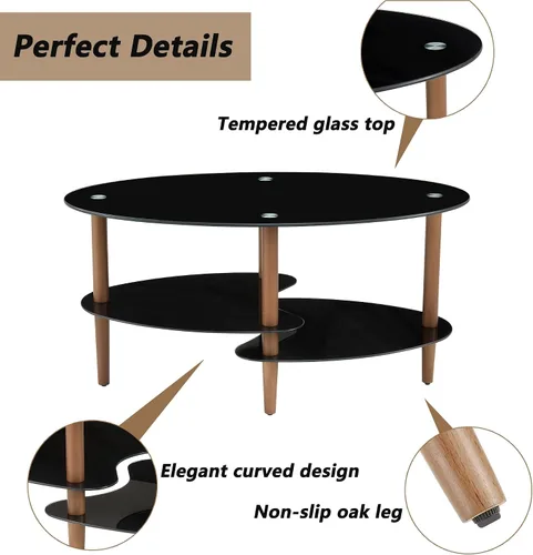 Miniatura 5 de Mesa de centro de cristal negro, mesa moderna ovalada para sala de estar con almacenamiento, patas de madera de roble, mesa central de vidrio