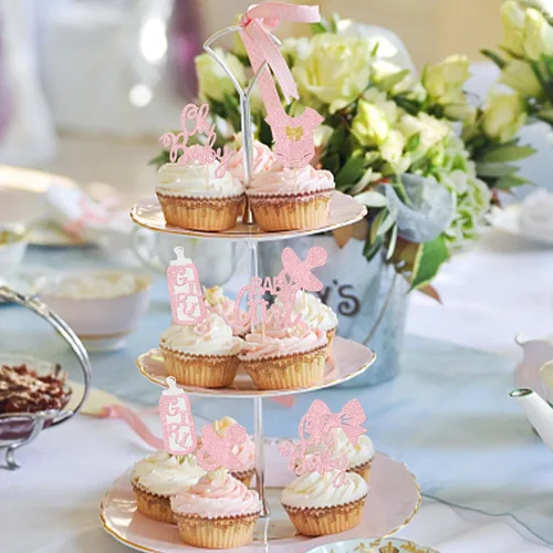 Miniatura 6 de Paquete de 24 adornos para cupcakes con purpurina «It's a Girl» con lazo, revelación de género, para cupcakes, decoración de pastel de bienvenida
