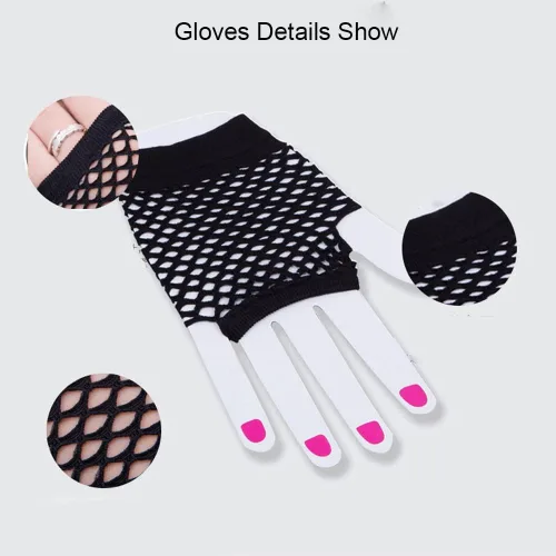 Miniatura 4 de Penta Angel 2 pares de guantes de malla de nailon negro sin dedos guantes de malla elástica para la muñeca para fiestas temáticas de los años 80