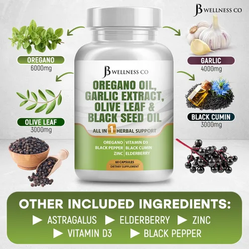 Miniatura 5 de JB Wellness Aceite de orégano, extracto de ajo, hoja de olivo, con astrágalo, suplemento de apoyo inmunológico y salud digestiva para mujeres