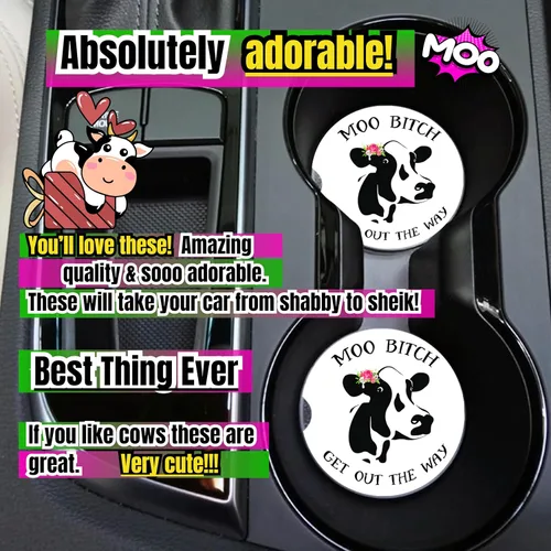 Miniatura 5 de Posavasos de vaca para coche para portavasos - 2 unidades, lindos accesorios de vaca para mujer con estampado de vaca, divertidos artículos de vacas