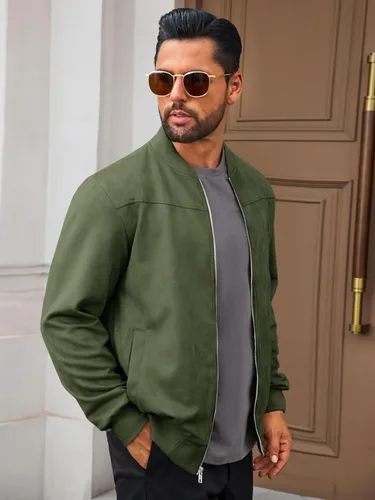 Miniatura 3 de Runcati Chaqueta bomber de gamuza para hombre, con cremallera completa, casual, softshell, chaqueta universitaria, ligera, vintage, abrigo de otoño