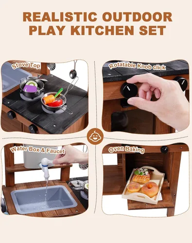 Miniatura 6 de ROBUD Cocina de barro para niños al aire libre con ruedas, cocina de madera al aire libre, cocina de barro para niños con fregadero y grifo