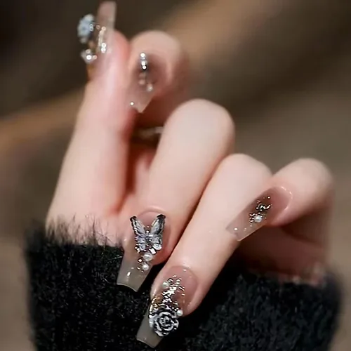 Miniatura 15 de Uñas postizas a presión con diseños de longitud media, forma de ataúd, cobertura completa, reutilizables, con pegamento, uñas adhesivas
