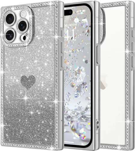 Miniatura 25 de Funda para iPhone 13, funda de diamantes de imitación de lujo con patrón de corazón de amor de cristal [papel con purpurina extraíble], parachoques