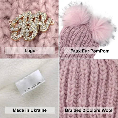 Miniatura 5 de Braxton Beanie - Gorro de lana para mujer, con 2 orejas de pompón, de punto trenzado, para invierno, para esquí al aire libre