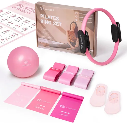 Miniatura 9 de LIONSCOOL Juego de Anillo de Pilates – Círculo Mágico Antideformación de 14 pulgadas con Asas Acolchadas, Mini Pelota, Bandas de Resistencia, Guía