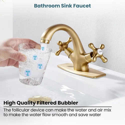 Miniatura 7 de gotonovo Grifo de lavabo de baño de un solo agujero, doble mango cruzado, pomos mezcladores de lavabo con drenaje desplegable y placa de cubierta