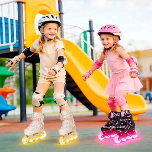 Miniatura 5 de Nattork Patines en línea ajustables para niños y adolescentes, ruedas iluminadoras, patines con diseño de tablero de ajedrez para niños y niñas Caqui