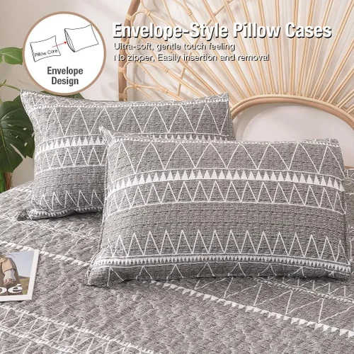 Miniatura 3 de Lekesky Juego de edredón gris tamaño Queen, 3 piezas (1 edredón + 2 fundas de almohada), edredón bohemio reversible ligero de microfibra suave