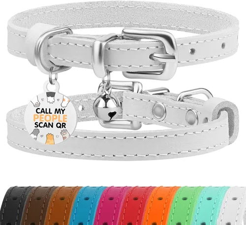 Miniatura 23 de BRONZEDOG Collar de cuero para gato con campanas extraíbles sin liberación rápida, etiqueta QR para gatito para niña y niño