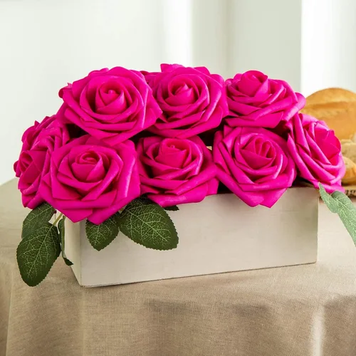 Miniatura 4 de 50 rosas artificiales de espuma de color rosa intenso, rosas falsas de aspecto real con tallos y hojas para decoración del hogar, fiestas, jardín