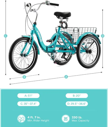 Miniatura 7 de VIRIBUS Triciclo plegable para adultos, triciclo plegable de 20 pulgadas para adultos de 1 o 7 velocidades con cesta, bicicletas plegables de 3