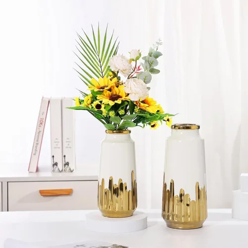Miniatura 6 de Jarrón grande de cerámica blanca con detalles chapados en oro de 11 pulgadas de alto, florero decorativo para sala de estar, decoración moderna