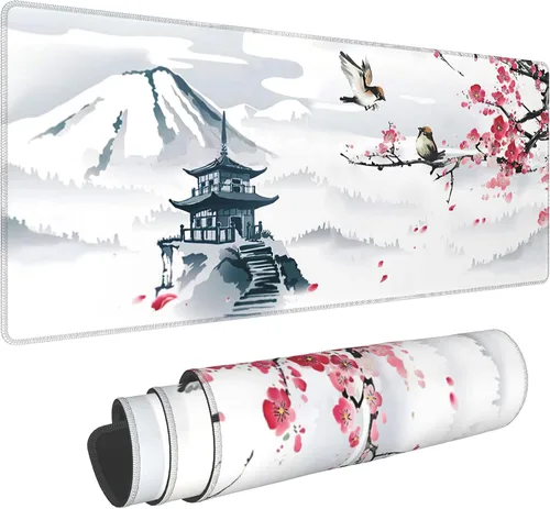 Miniatura 38 de Alfombrilla de ratón rosa y verde anime geométrica japonesa extendida para escritorio 90X40 CM, base de goma antideslizante, borde cosido
