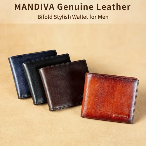 Miniatura 2 de Cartera de piel auténtica para hombre, con bloqueo RFID, plegable, elegante, con 2 ventanas de identificación, Marrón, Minimalista