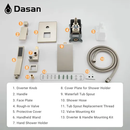 Miniatura 8 de DASAN SA-TF01WH-BN - Grifo de llenado de bañera en cascada con ducha de mano, moderno grifo de bañera de níquel cepillado con válvula de alto caudal