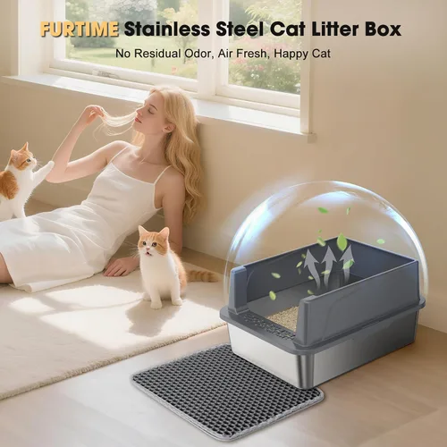 Miniatura 9 de FURTIME Caja de arena para gatos de acero inoxidable, caja de arena de metal de alta cara fácil de limpiar, bandeja de arena abierta para gatos