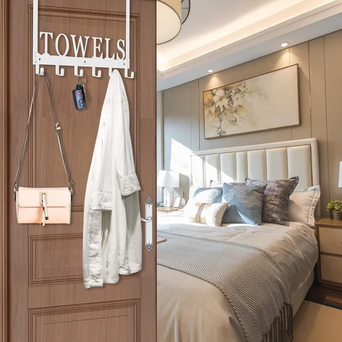 Miniatura 5 de Toallero para colgar sobre la puerta, ganchos para baño, soporte para toallas de baño, soporte para puerta, colgador de toallas de metal para Blanco