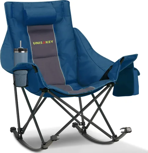 Miniatura 12 de Unisakey Silla mecedora de camping extra grande con reposacabezas y portavasos - Capacidad de 400lbs, tela Oxford 600D, silla mecedora portátil