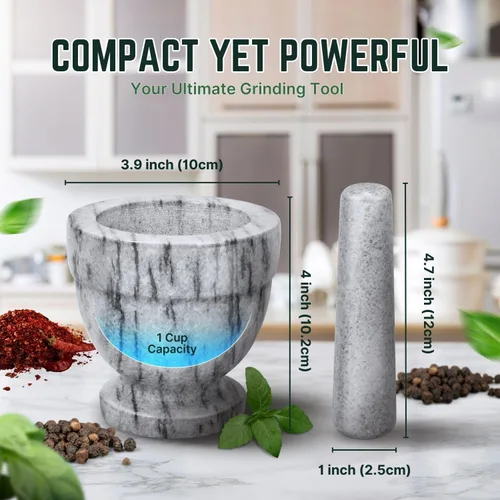 Miniatura 6 de Flexzion Juego de mortero y mortero, blanco – Molcajete de granito pesado sólido de 4 pulgadas molcajete trituradora de piedra para guacamole