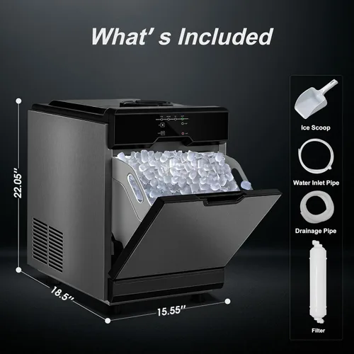 Miniatura 8 de Máquina de Hielo Nugget para Encimera con Opciones de Doble Entrada de Agua, Máquina de Hielo Columnar de 60 Libras/24H con Autolimpieza, Máquina
