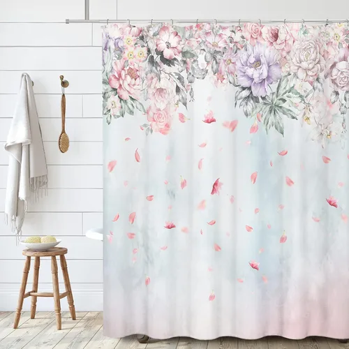 Miniatura 3 de Tititex Juegos de Cortinas de Ducha de Rosas Lilas Rosadas con Flores, Pétalos Florecientes Ruborizados que Caen, Decorativo de Baño 70x70 Pulgadas