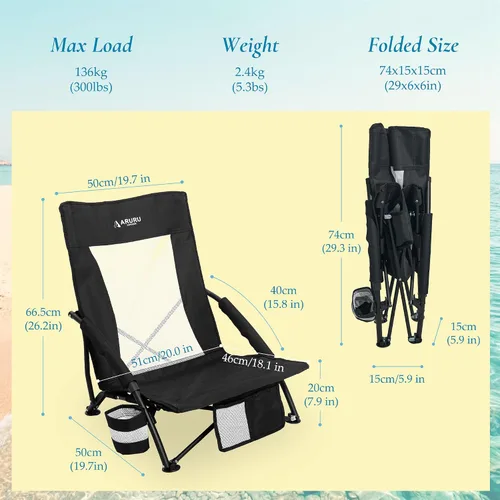 Miniatura 3 de Sillas de playa plegables bajas para adultos, silla de camping portátil ligera con soporte para tazas, silla de campamento plegable para conciertos