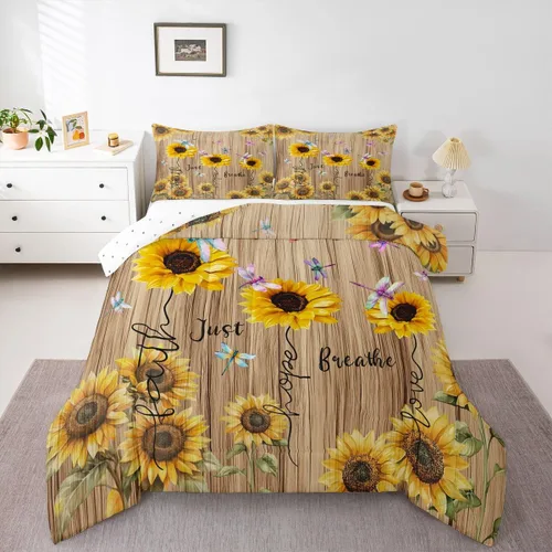 Erosebridal Juego de ropa de cama de libélulas, juego de edredón de girasol, decoración de libélula, edredón de tablones de madera marrón vintage,