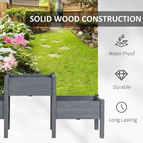 Miniatura 4 de Outsunny Cama de Jardín Elevada con 3 Jardineras, Soporte de Plantas de Madera con Orificios de Drenaje, para Verduras, Hierbas y Flores, Gris