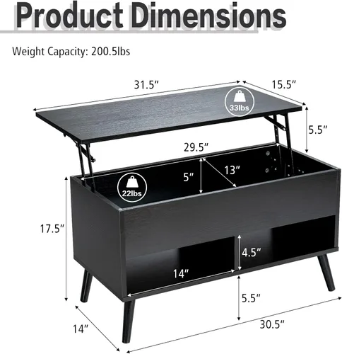 Miniatura 3 de Tangkula Mesa de centro elevable, mesa de comedor de madera con almacenamiento oculto y 2 estantes abiertos, dispositivo de elevación hidráulica
