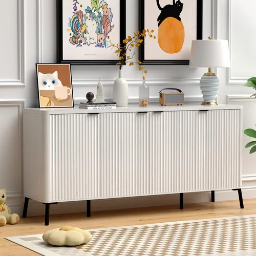 Miniatura 10 de Armario buffet, aparador grande de 63 pulgadas con almacenamiento, aparador moderno acanalado con 4 puertas, gabinete de almacenamiento de madera