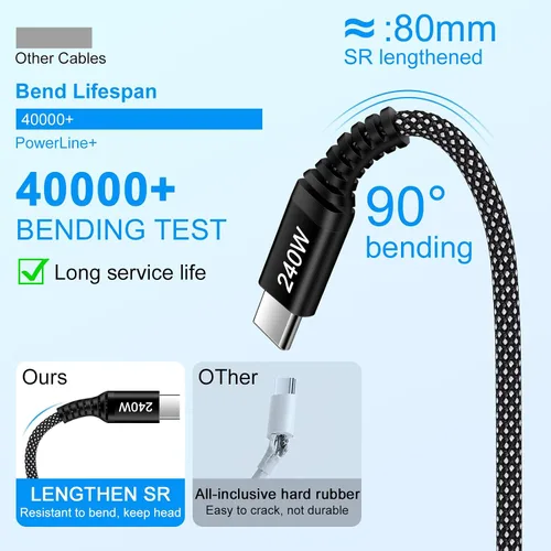 Miniatura 5 de Cable de carga para Samsung de 6 pies, 240 W, USB C a USB C, cable de carga súper rápida para Samsung Galaxy S26 Ultra Plus Z Flip 7 FE Z Fold 7 S25