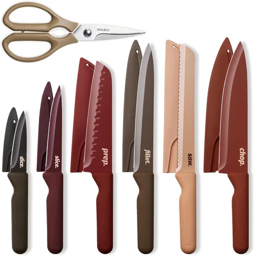 Miniatura 9 de CAROTE - Juego de cuchillos de cocina de 12 piezas, de acero inoxidable con revestimiento antiadherente cerámico, apto para lavavajillas con 6